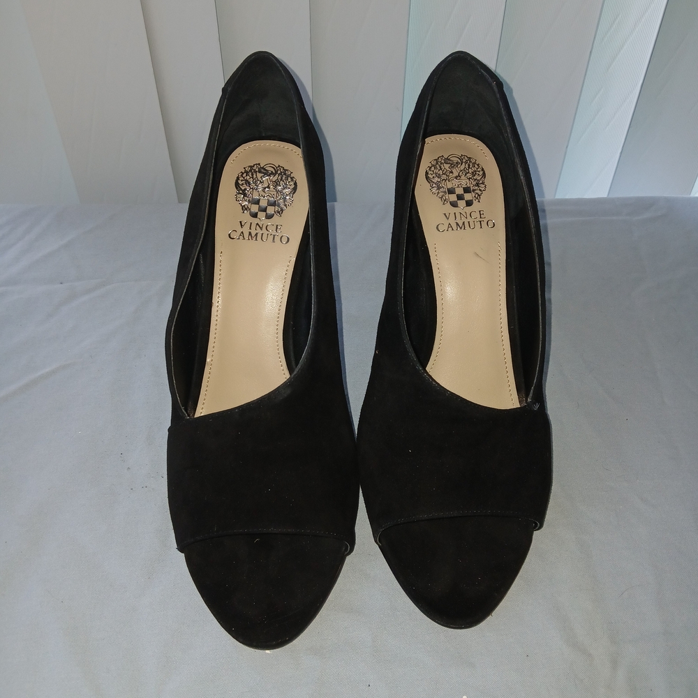 Vince Camuto black suede peep-toe pumps